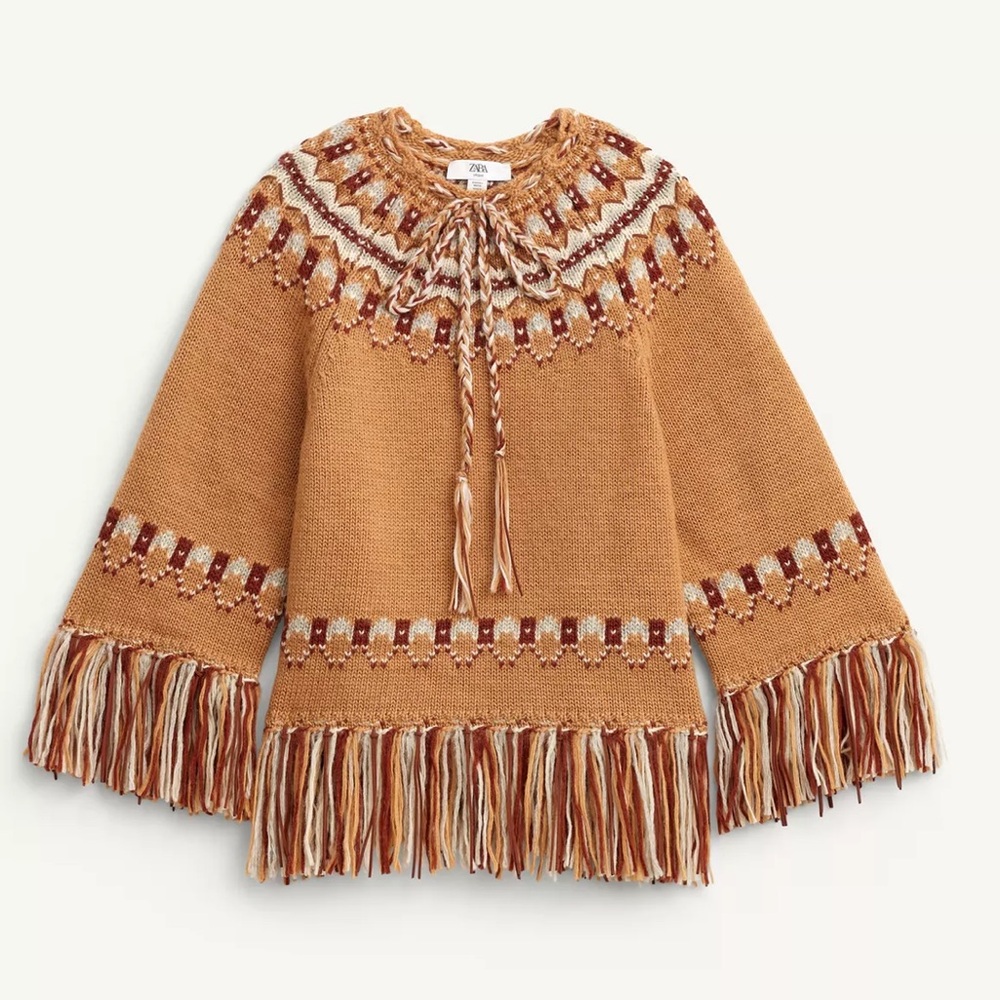 Zara Limited Edition 100% Wool Jacquard Knit Poncho with Fringed Trim NWT - Picture 4 of 6